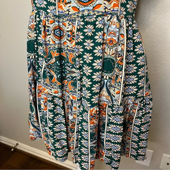Kirundo Boho Floral Green and Orange Ruffle Sleeve Flowy Mini Dress Size Medium - Picture 6 of 16